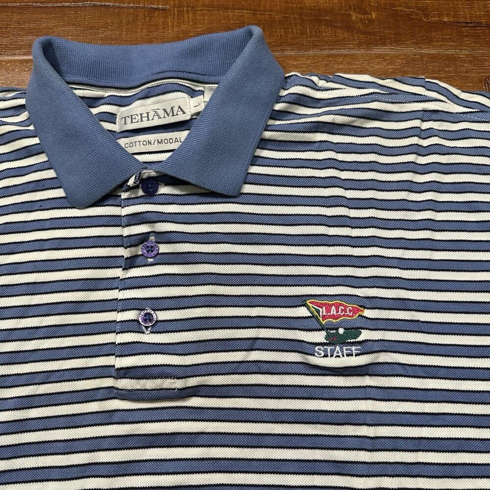 Vintage Tehama LACC Staff Golf Polo Shirt Mens L Blue Stripe Short Sleeve Retro